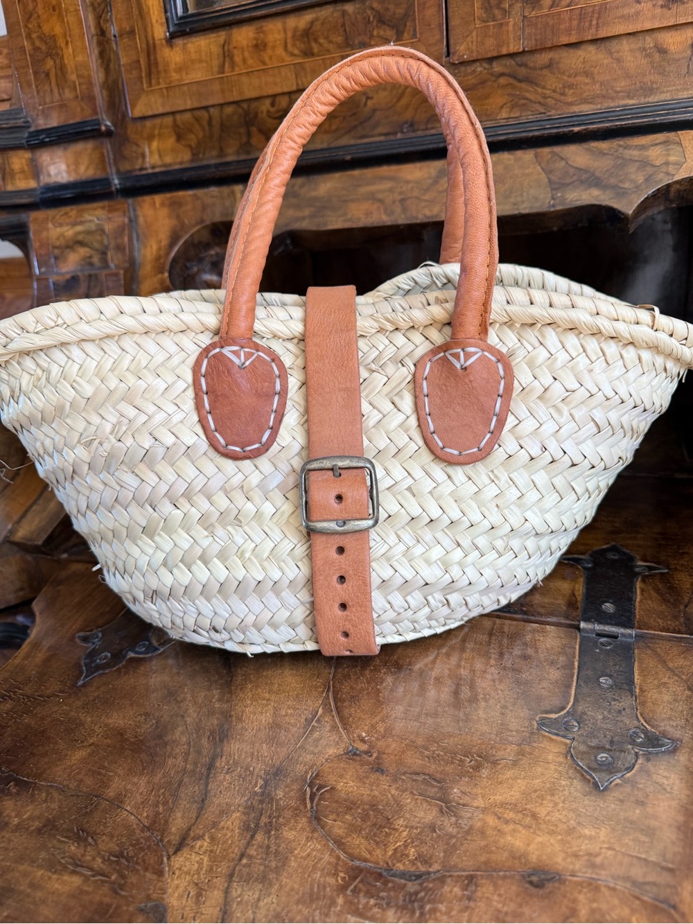 Handwoven Straw Tote with Brown Leather Accents NEW